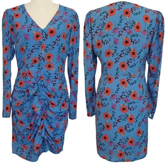 ASTR The Label Blue Floral Cinched Ruffle Long Sleeve Mini Dress Romantic - Picture 1 of 10
